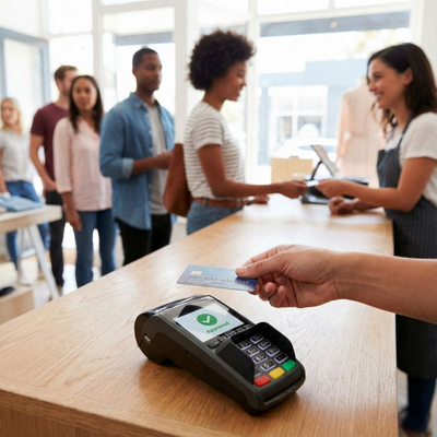 A close-up, high-angle view of a customer's hand tapping a credit card on a sleek, modern POS terminal in a bright retail environment.