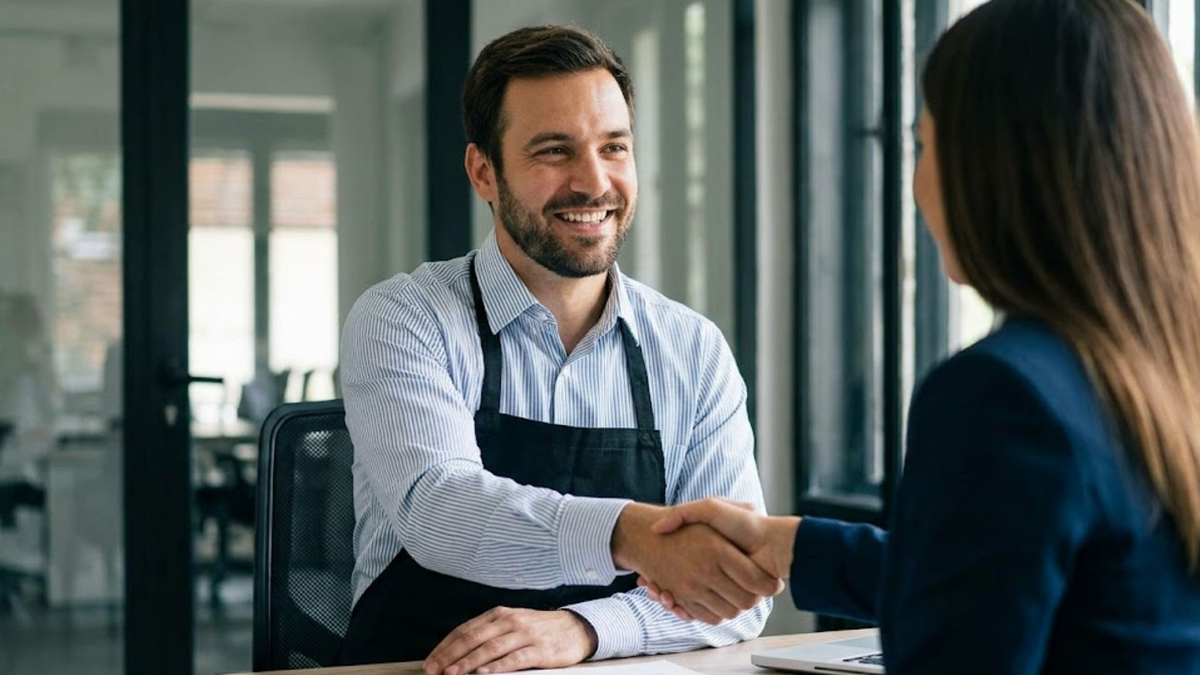 A business owner smiling while shaking hands with a representative.