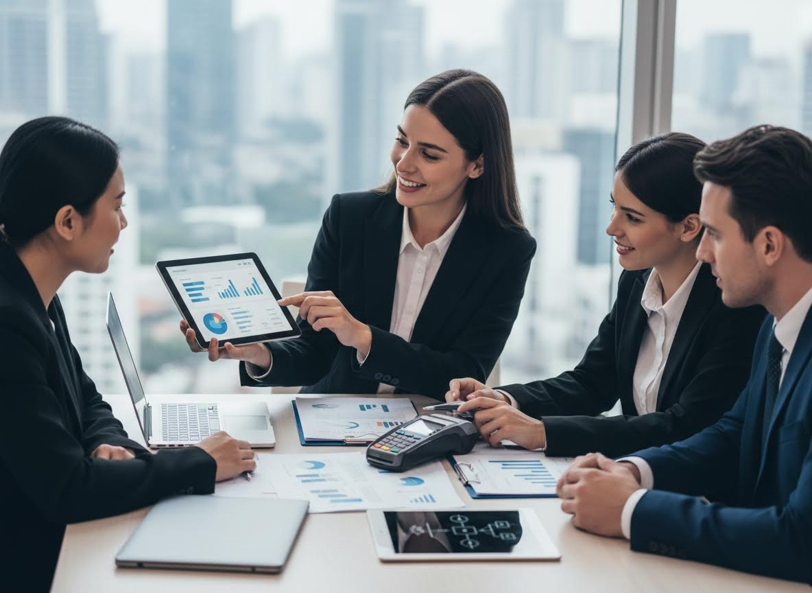 Businesswoman presenting data analysis on tablet to colleagues