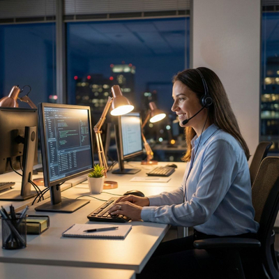 A friendly customer support representative wearing a headset, smiling while working at a computer in a modern, professional office setting.
