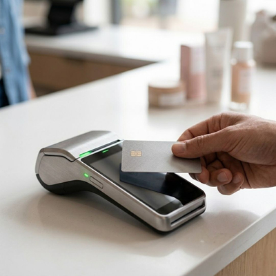 A close-up of a hand holding a credit card near a modern payment reader, which shows a small green light.