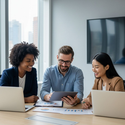 A diverse team of small business professionals collaboratively reviews sales data and documents on laptops and tablets in a bright office setting.