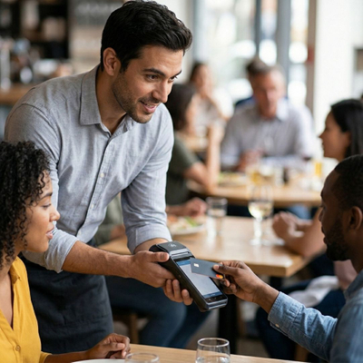 A server in a restaurant holds a portable payment terminal while a customer pays with a credit card.
