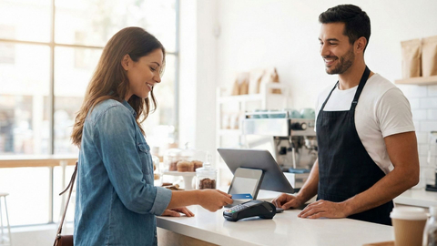 A professional, wide-angle shot of a smiling customer using a contactless payment method at a modern cafe counter with a friendly barista.