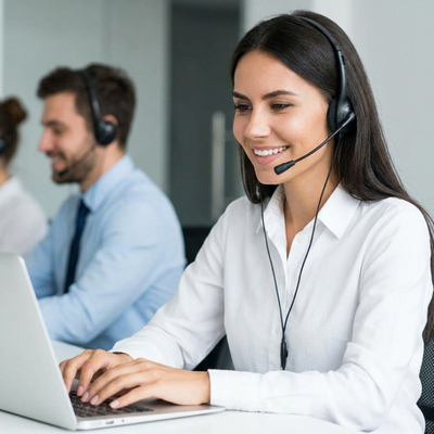 A friendly customer service representative wearing a headset and smiling while working at a computer.