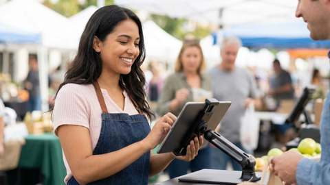 A smiling woman at an outdoor market processing a payment using a tablet on a flexible stand.