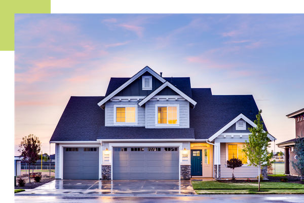 The front of a house at sunset
