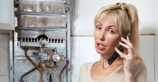 Woman talking on the phone next to an HVAC unit