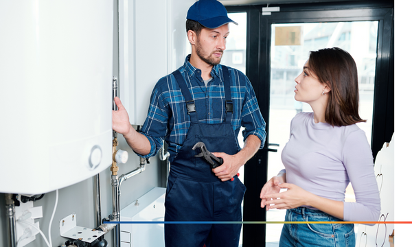 Plumber talking with client