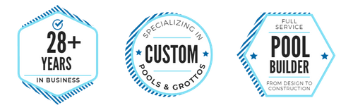 Badge 1: 28+ Years in Business  Badge 2: Full Service Pool Builder, From Design to Construction  Badge 3: Specializing in Custom Pools & Grottos