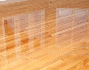 A floor coated with fresh polyurethane.