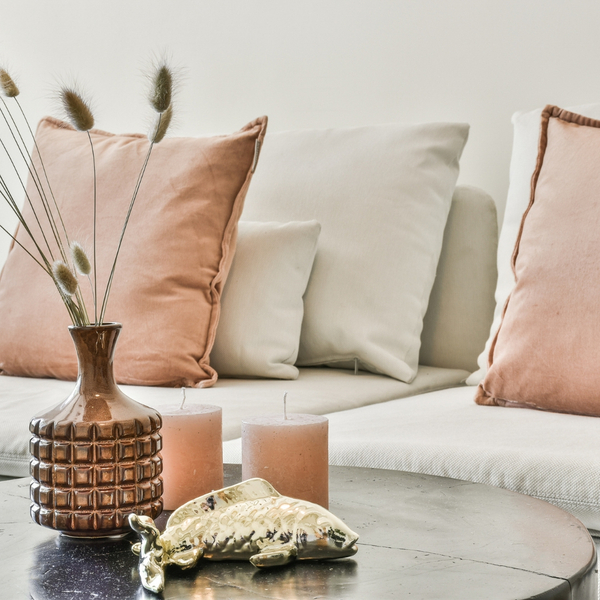 salmon colored interior decor on couch and table