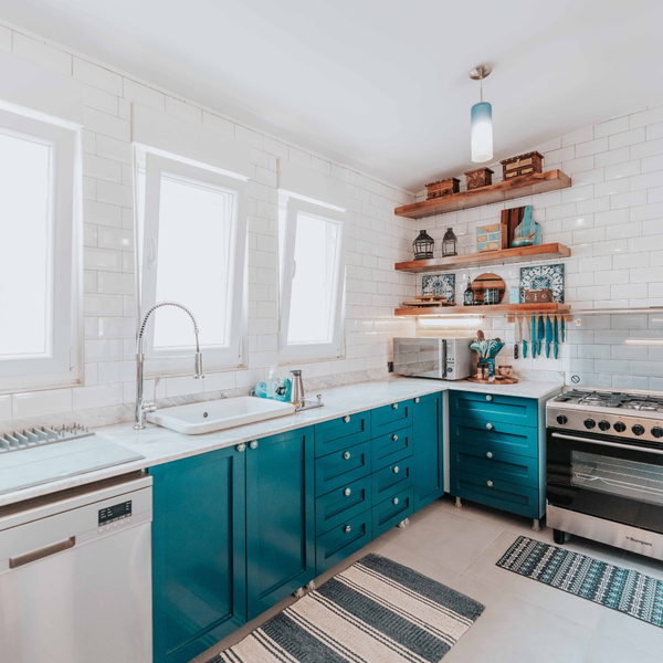 colorful teal kitchen cabinets