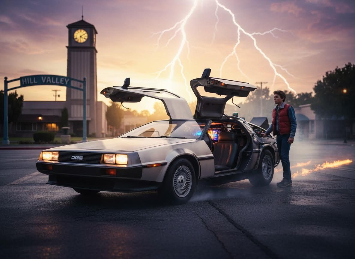 Back to the Future DeLorean under lightning in Hill Valley