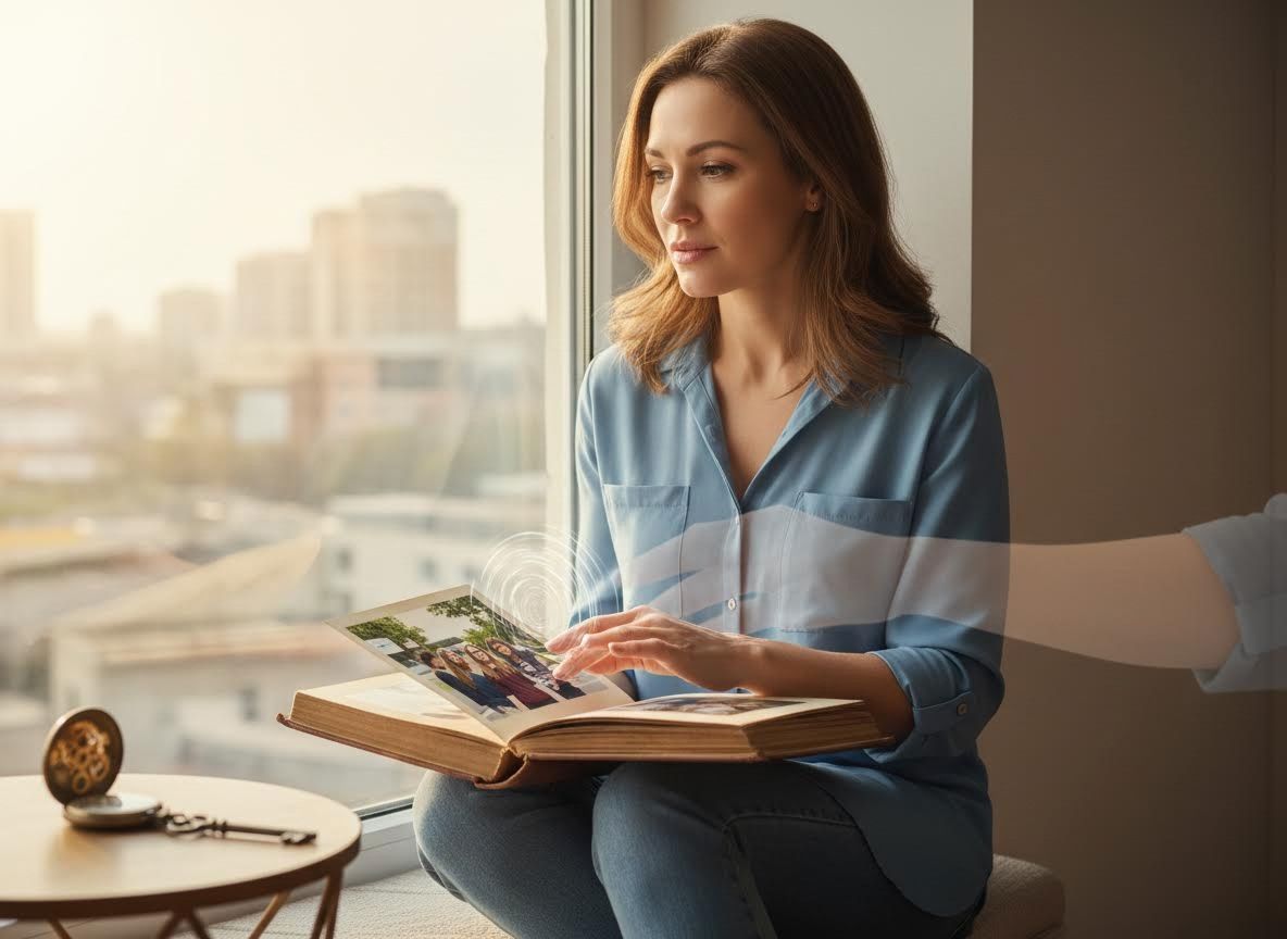 Woman reminiscing with a photo album by the window
