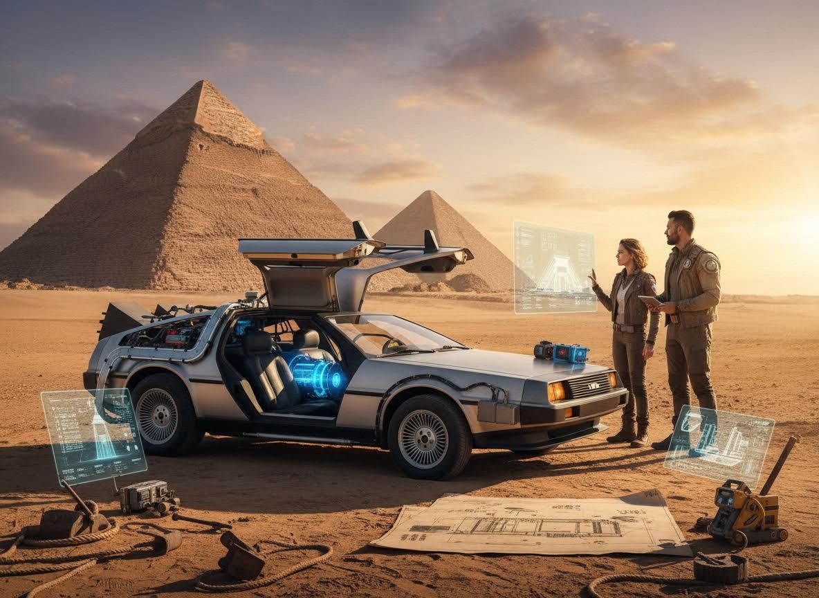 Time Travelers and DeLorean at Giza Pyramids