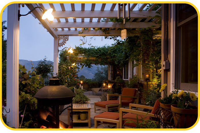 a patio with night lighting and seating