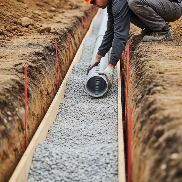 A professional photo of a French drain installation, showing the process of laying a perforated pipe in a gravel-filled trench. A professional photo of a French drain installation, showing the process of laying a perforated pipe in a gravel-filled trench.
