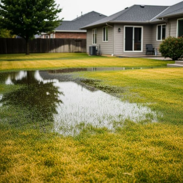 A stock photo of a yard with standing water, showing the negative effects of poor drainage. A stock photo of a yard with standing water, showing the negative effects of poor drainage.