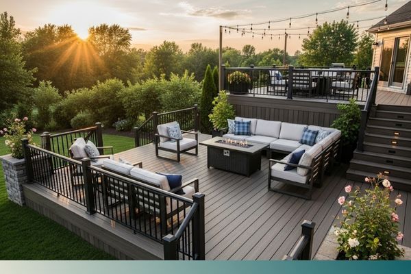 a modern, multi-level composite deck with dark railings and comfortable outdoor furniture