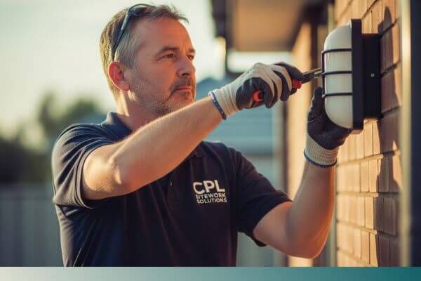 A skilled electrician from CPL Sitework Solutions meticulously installs a new exterior light fixture on a brick wall, ensuring precision and quality craftsmanship. A skilled electrician from CPL Sitework Solutions meticulously installs a new exterior light fixture on a brick wall, ensuring precision and quality craftsmanship.