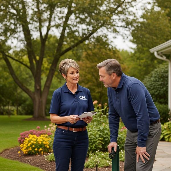 A professional photo of a CPL Sitework Solutions team member consulting with a homeowner in their yard. A professional photo of a CPL Sitework Solutions team member consulting with a homeowner in their yard.