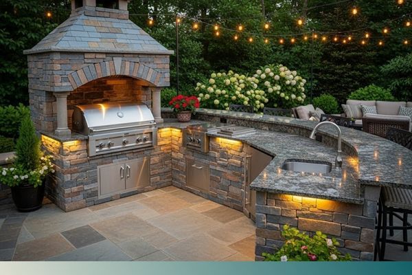 a rustic, custom-built stone barbecue pit with a stainless steel grill and granite countertops