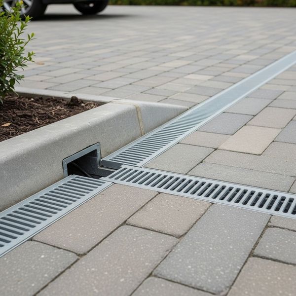 A stock image of a channel drain near a driveway or patio, effectively collecting water to prevent pooling. A stock image of a channel drain near a driveway or patio, effectively collecting water to prevent pooling.