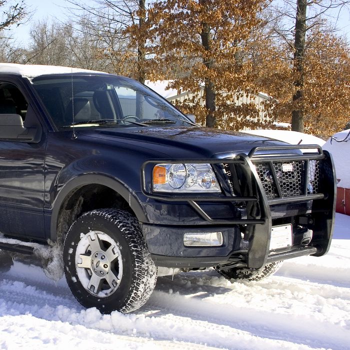 A blue pickup with a grill guard