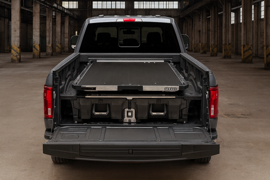 Decked Drawer System and Cargo Glide combo installed in truck Decked-CargoGlide Hero Image (1).png