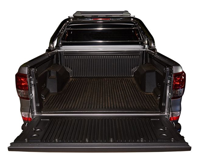 Bed of pickup truck with open tailgate