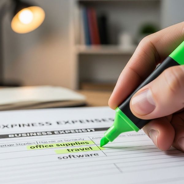 A hand highlighting deductible expenses on a business document.
