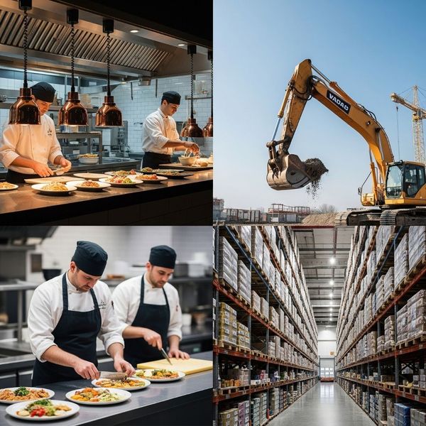A collage showing a kitchen, construction equipment, and a warehouse.