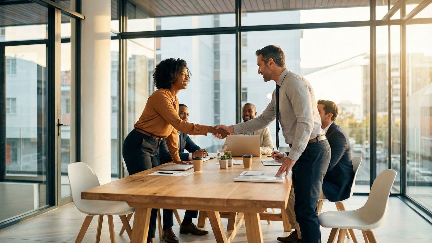A diverse team of professionals collaborates around a table in a sunlit office environment.
