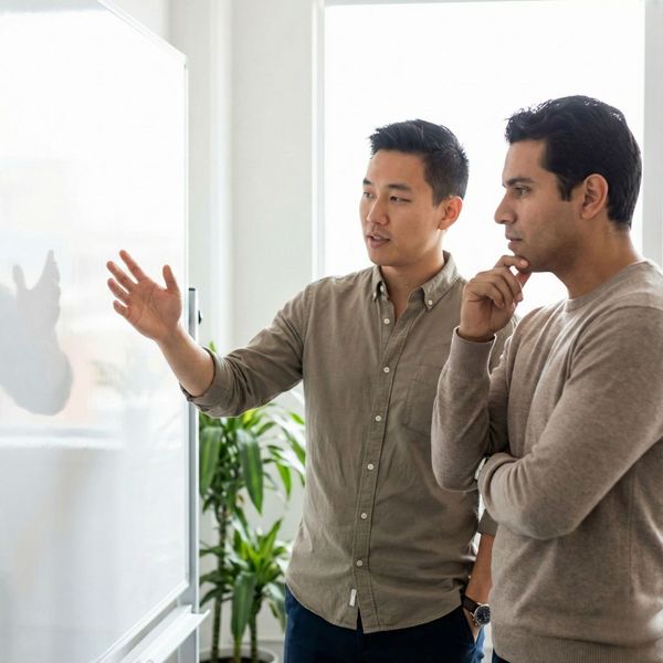 Two diverse colleagues discussing strategic financial planning and mentorship in a supportive, bright office setting.