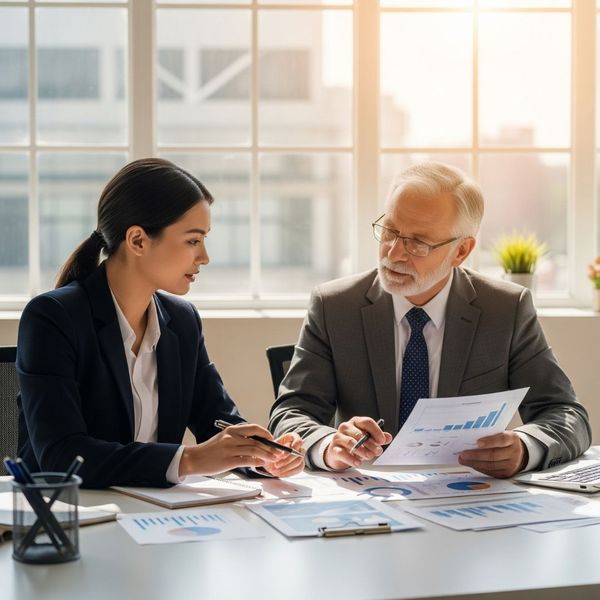 Two professionals discussing financial charts in a modern office.