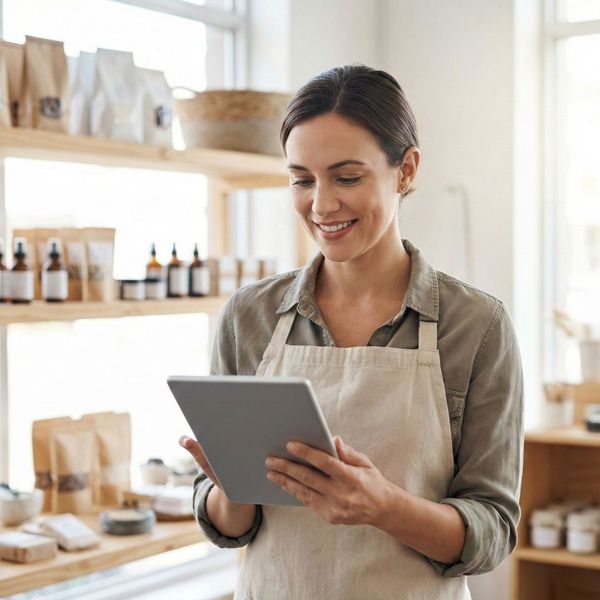 A small business owner in a retail shop viewing financial options on a digital tablet with a look of relief.