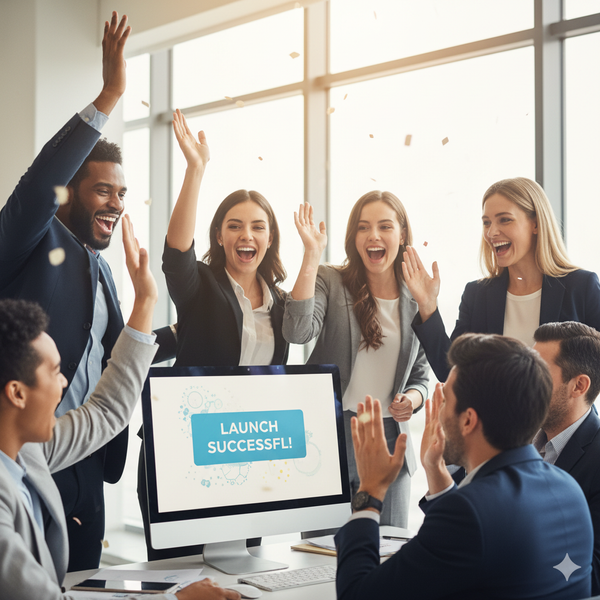Diverse business team celebrating successful project launch