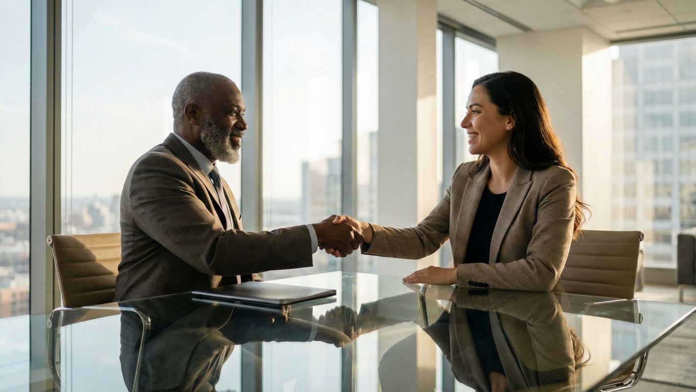 Two diverse business professionals shaking hands across a desk in a sunlit modern office to symbolize a transparent partnership.