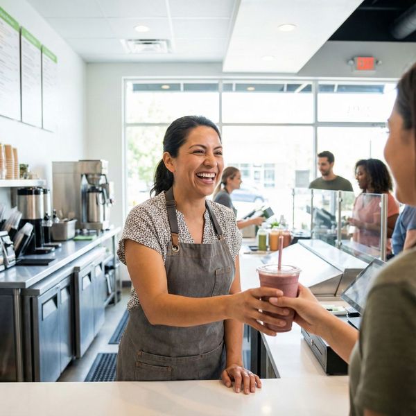 A smiling female business owner in an apron serves a customer across the counter of a modern cafe.