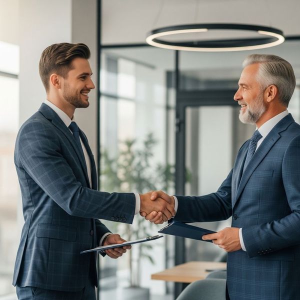 A firm handshake between two professionals in a business setting.