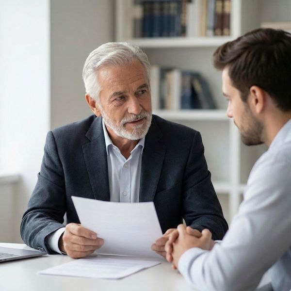 A financial consultant offering expert advice to a client in a professional office.