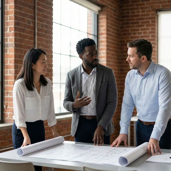 A diverse group of colleagues discusses community growth strategies in a modern meeting room.