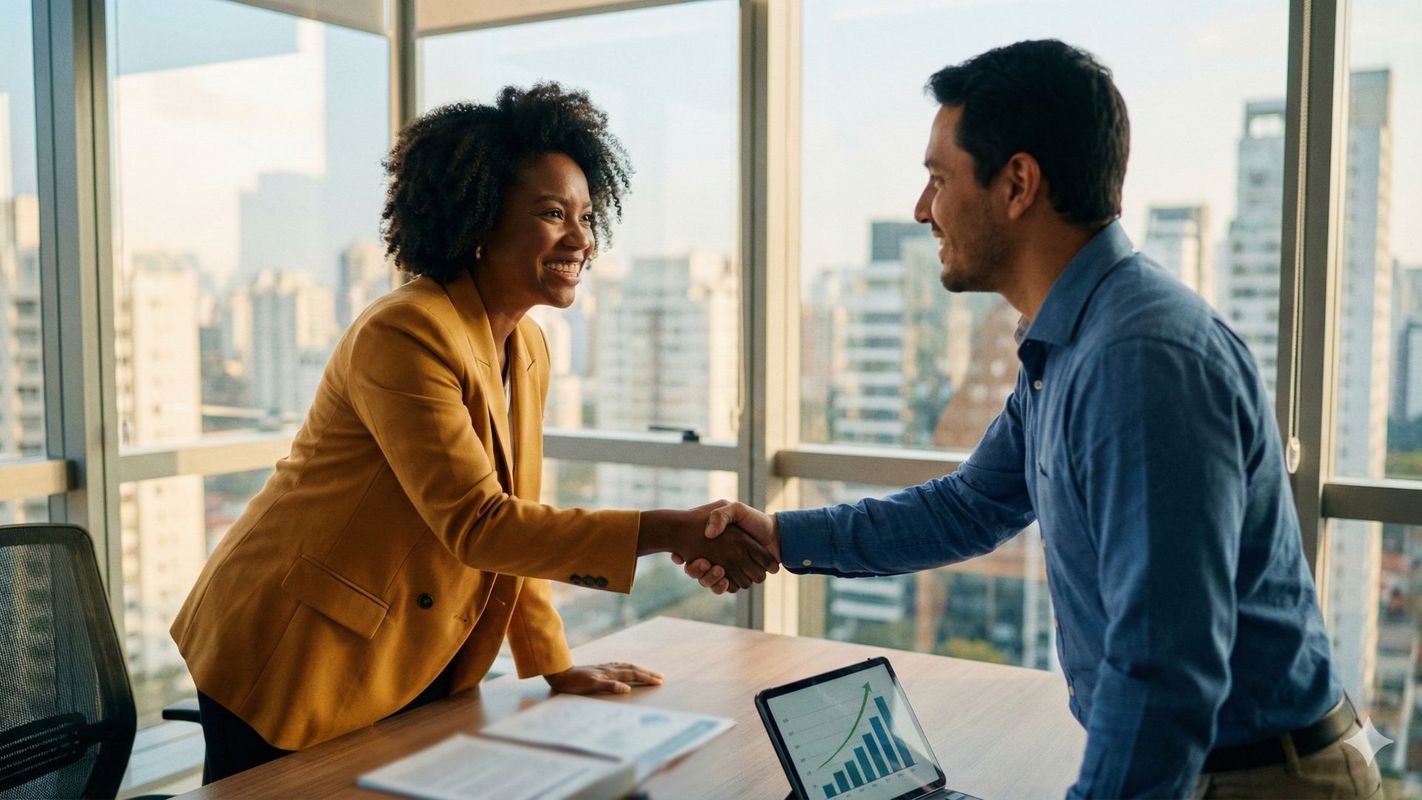 Two diverse business professionals shake hands across a desk in a sunlit office to finalize a new partnership.