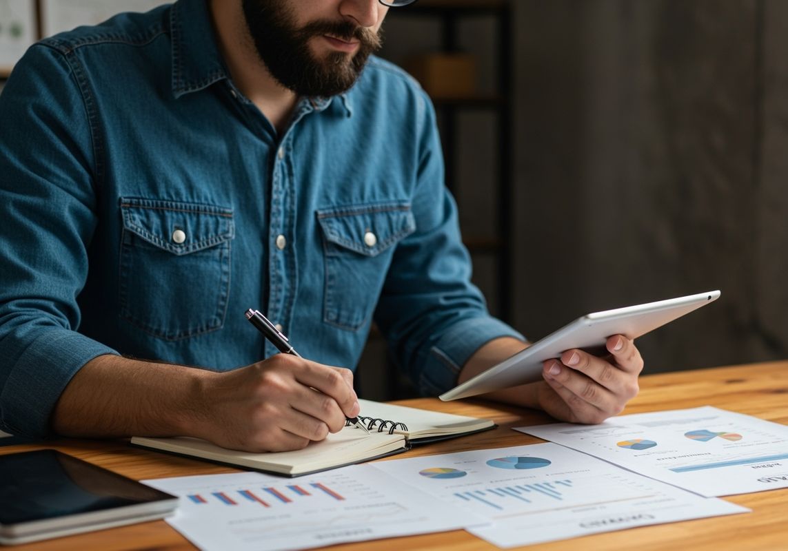 Business owner looking thoughtfully at financial charts