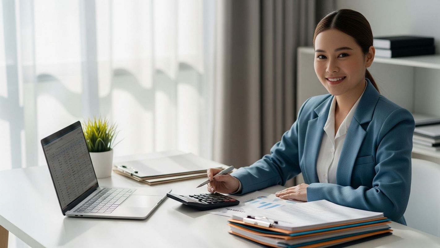 A confident small business owner at their desk, organized for handling business taxes.