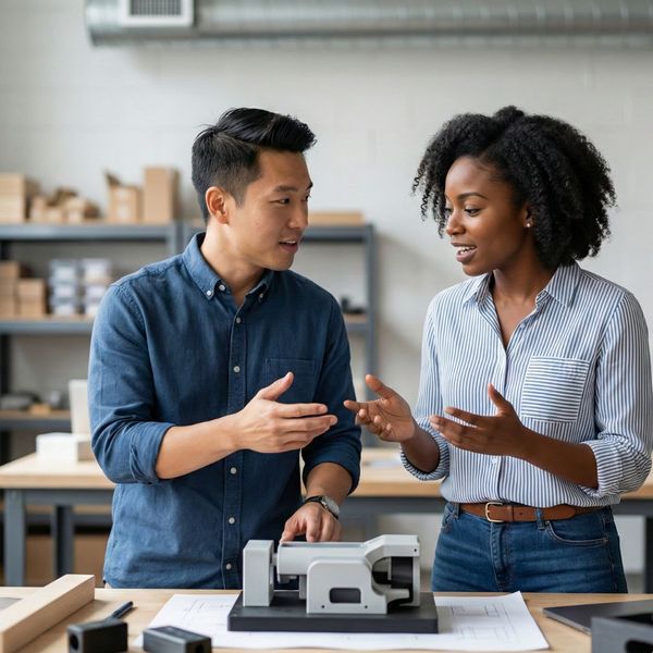 Two diverse professionals collaborating on a project in a modern workshop.