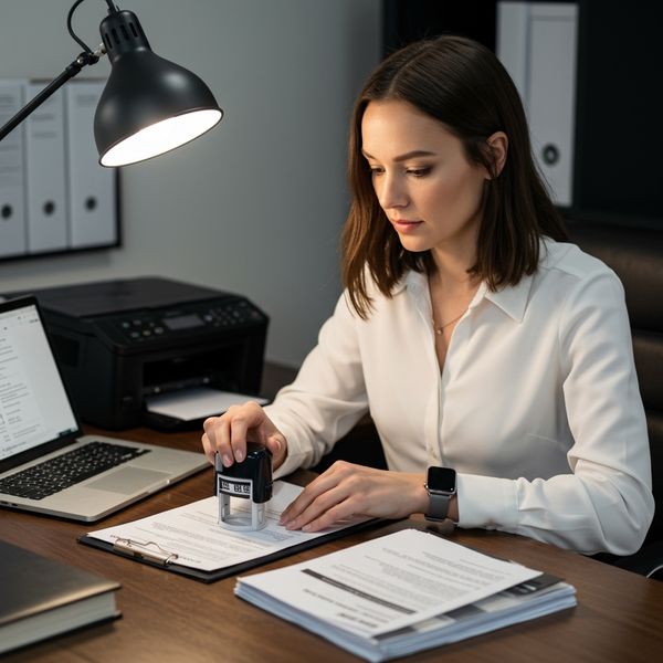 Woman organizing business documents on her desk
