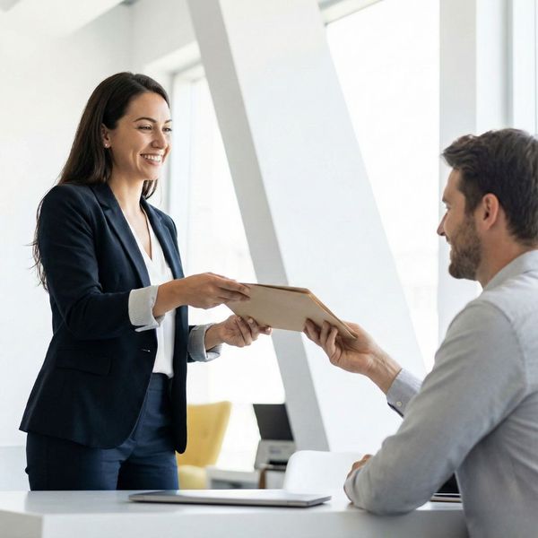 A financial professional shakes hands with a business owner inside a well-lit shop.