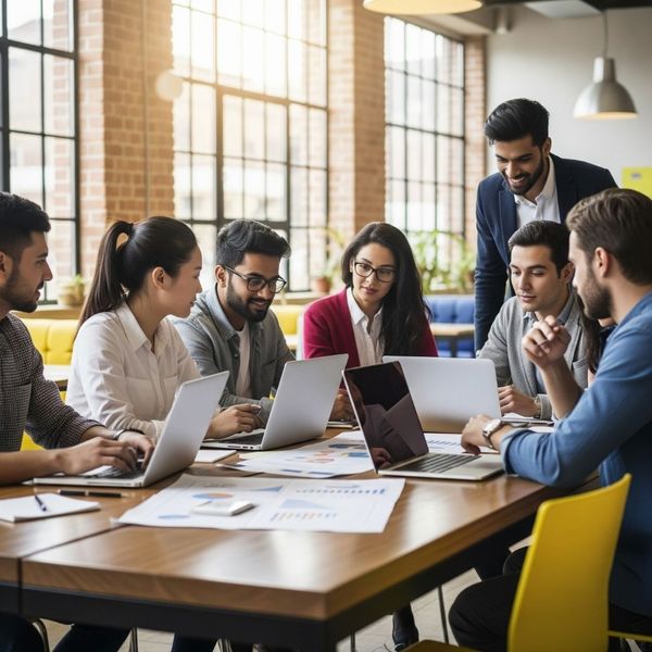 A diverse group of business owners reviewing a quick business loan document in a modern office.